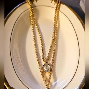 Elegant Gold Double Layer Necklace with Crystal Pendant N2P26